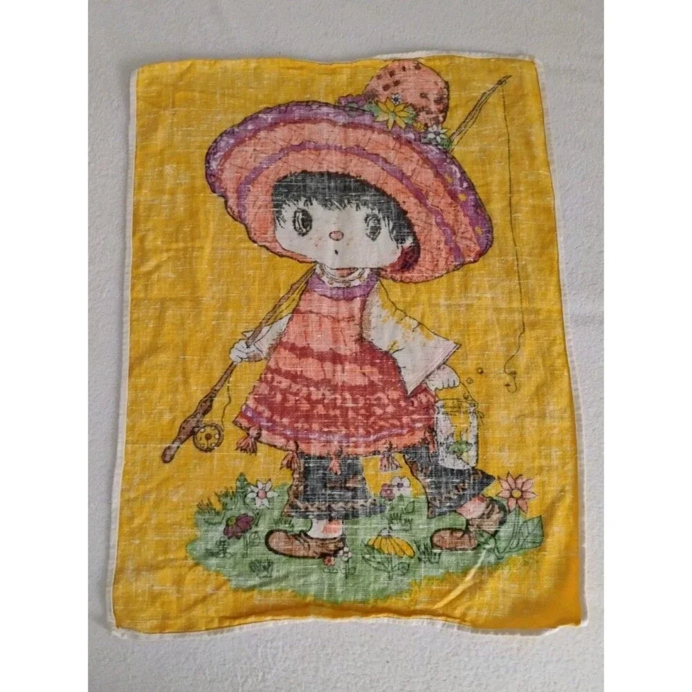 Vtg 70s Linen Tea Towel Boho Big Eyed Girl Going Fishing Yellow Orange Green